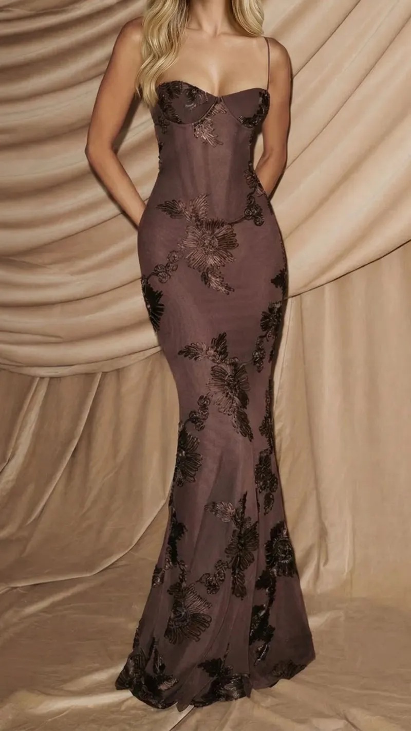 Celestina Floral Maxi Dress - Brown