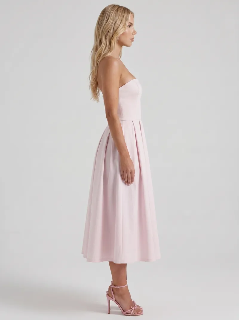 Audrey Strapless Pleated A Line Midi Dress - Blush
