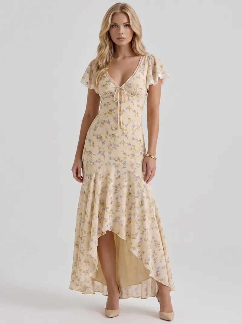 Amina Floral V Neck Maxi Dress - Buttercream Yellow