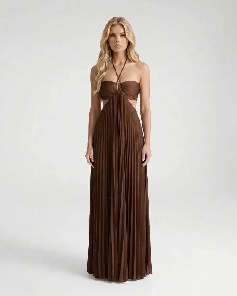 Aurora Pleated Cutout Maxi Dress - Brown
