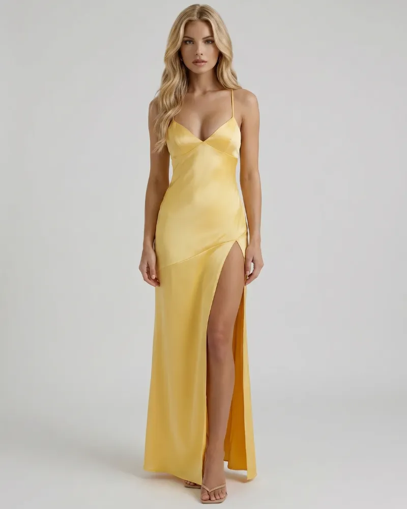 Adriana Satin Slip Maxi Dress - Yellow