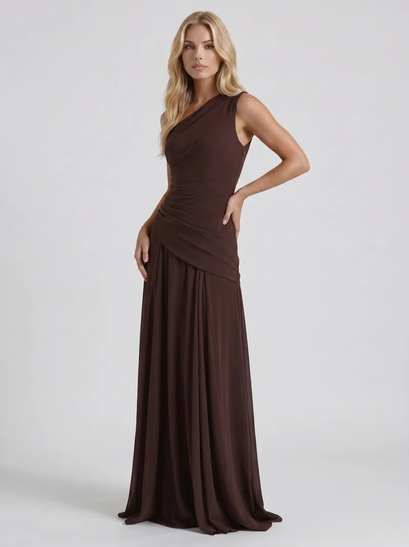 Delphine One Shoulder Ruched Mesh Maxi Dress - Plum Brown