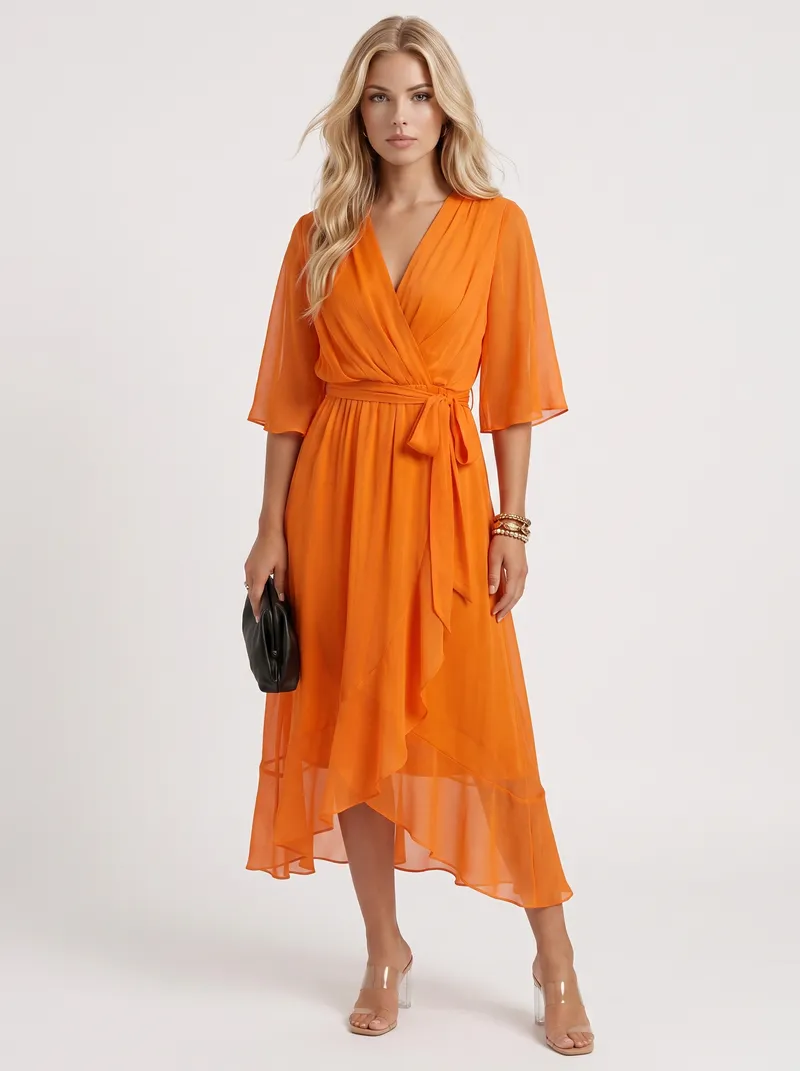 Lucienne Wrap Midi Dress - Orange
