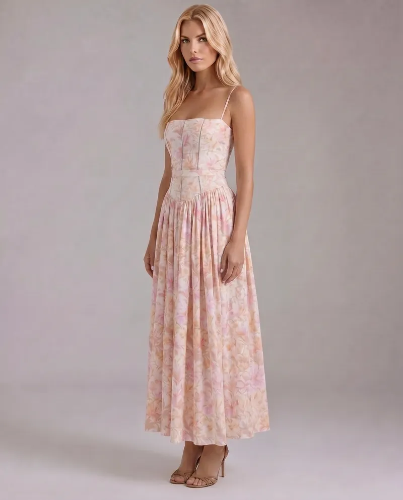 Cielle Floral Midi Dress - Peach Blossom