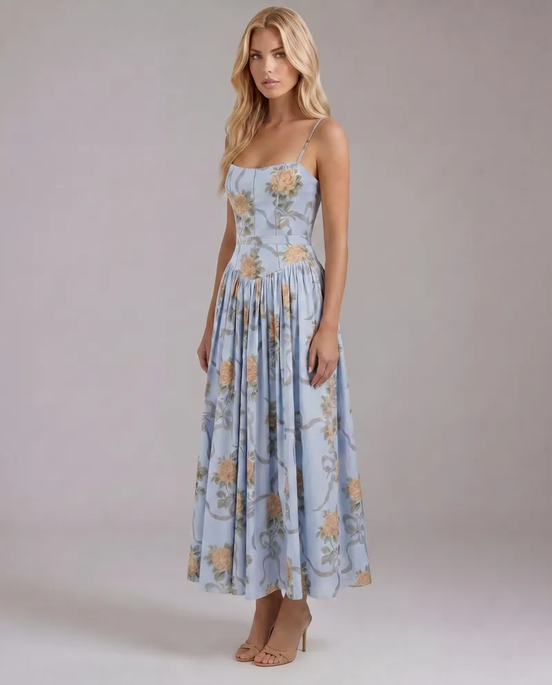 Cielle Floral Midi Dress - Vintage Blue