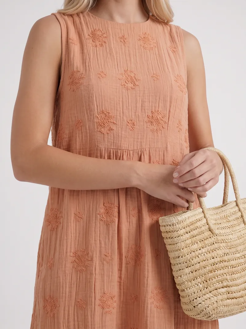 Elin Embroidered Midi Dress - Orange
