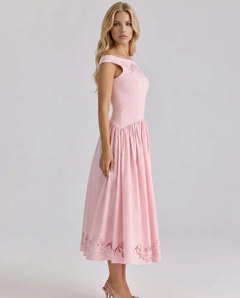 Delfina Boat Neck Eyelet Midi Dress - Pink