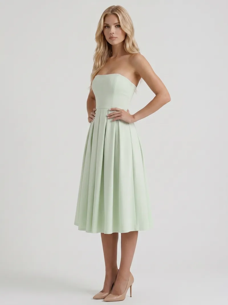 Audrey Strapless Pleated A Line Midi Dress - Mint