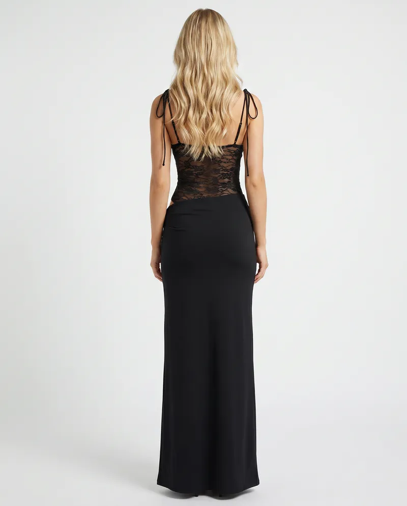 Maren Lace Panel Bodycon Maxi Dress - Black