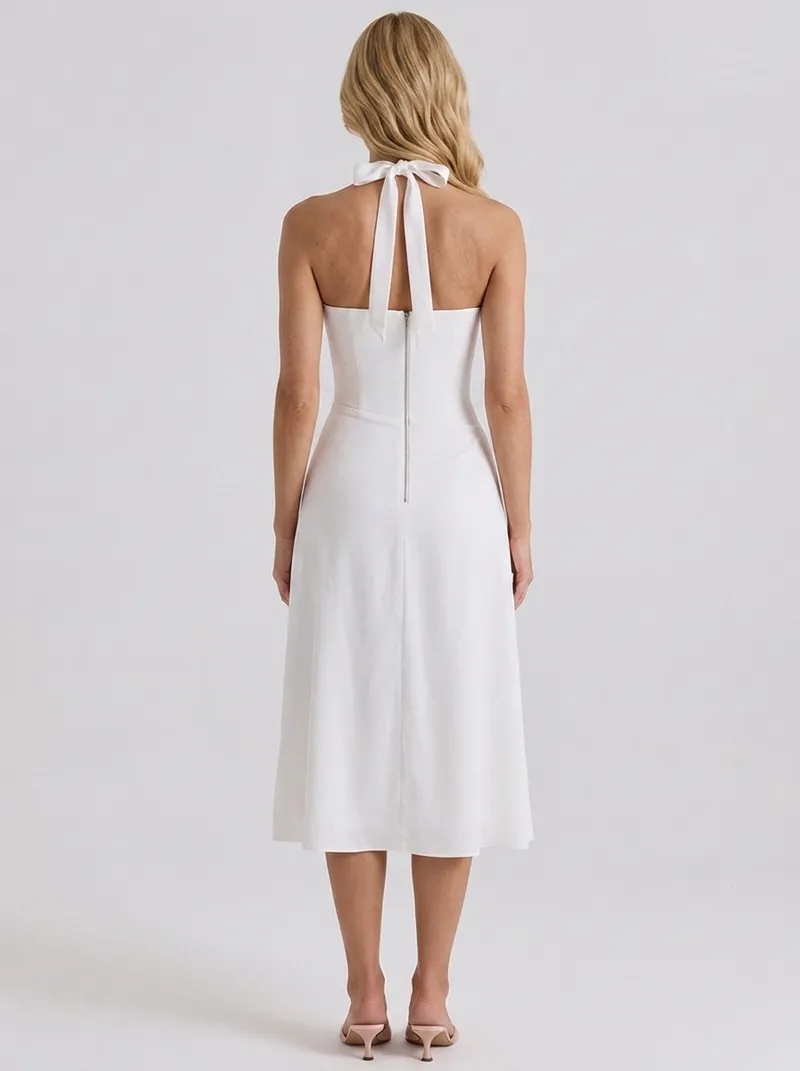 Mia Halter Square Neck Midi Dress - White