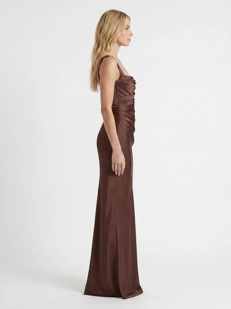 Elara Satin Ruched Strapless Maxi Dress - Brown