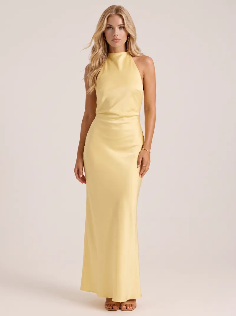 Rosanne Satin Maxi Dress - Lemon