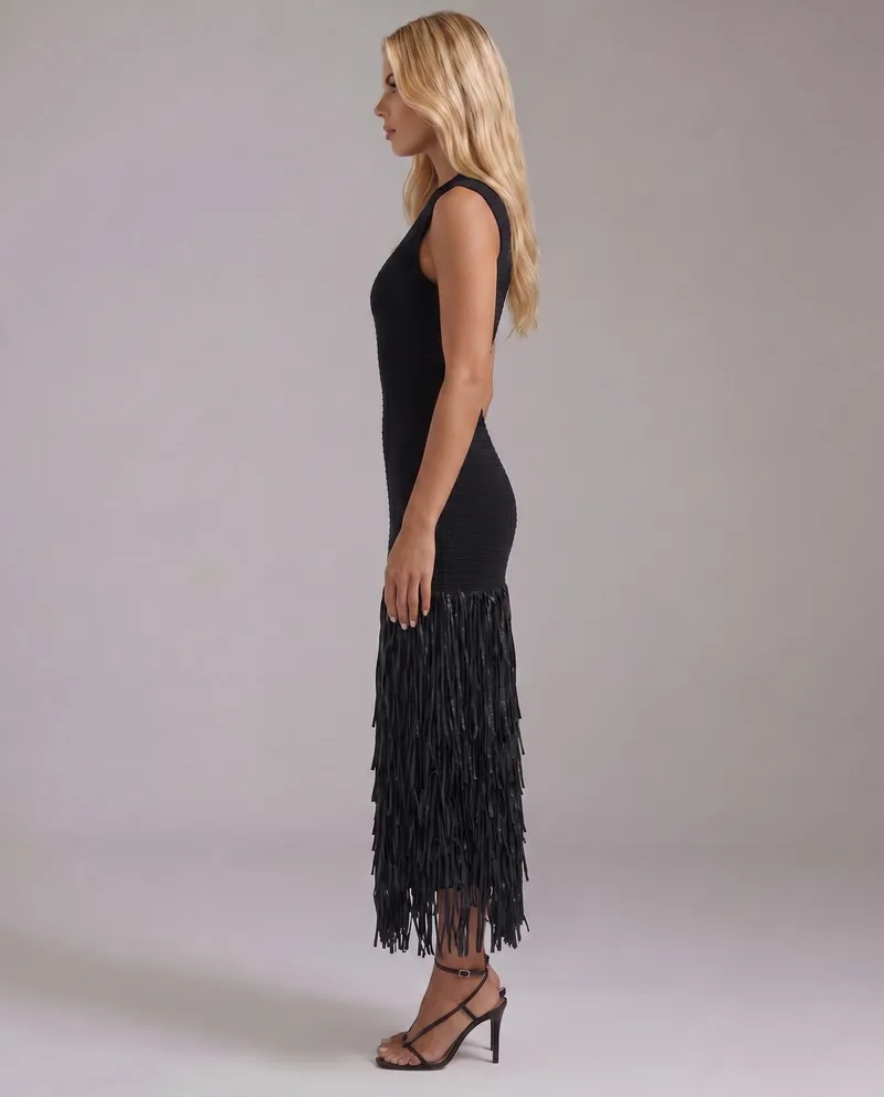 Stella Fringe Midi Dress - Black
