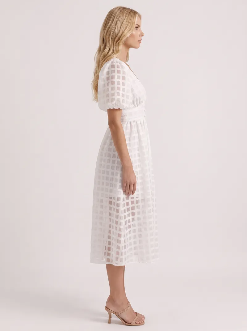 Colette Windowpane Midi Dress - White