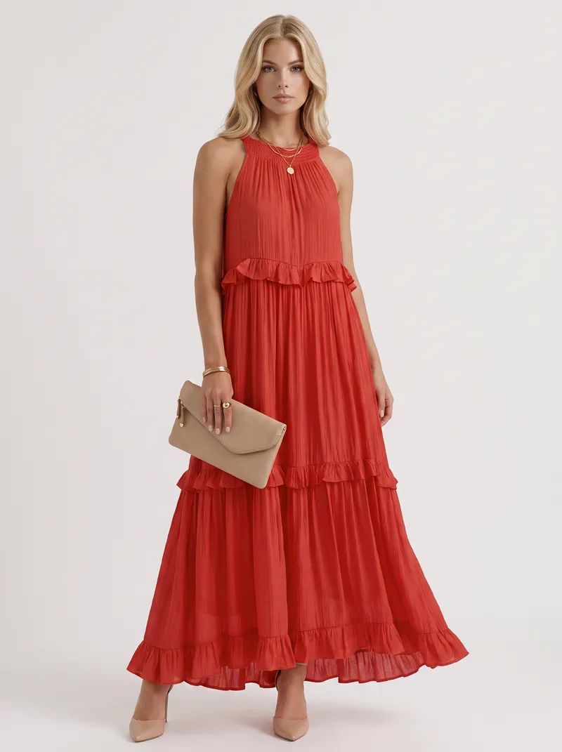 Thea Tiered Maxi Dress - Red