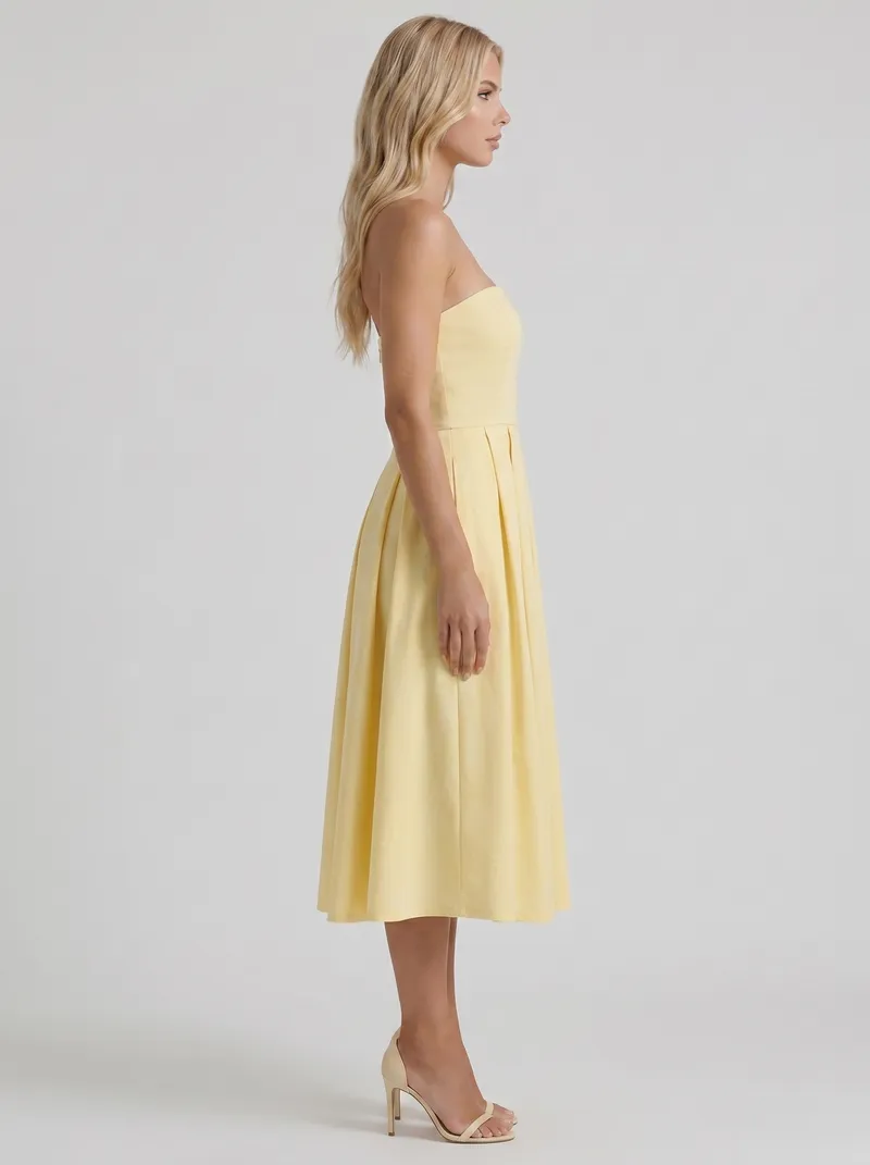 Audrey Strapless Pleated A Line Midi Dress - Lemon