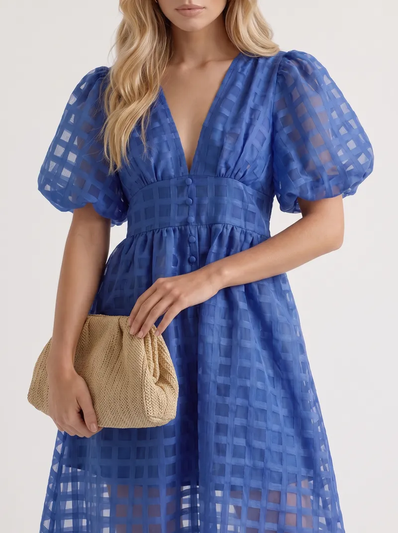 Colette Windowpane Midi Dress - Blue