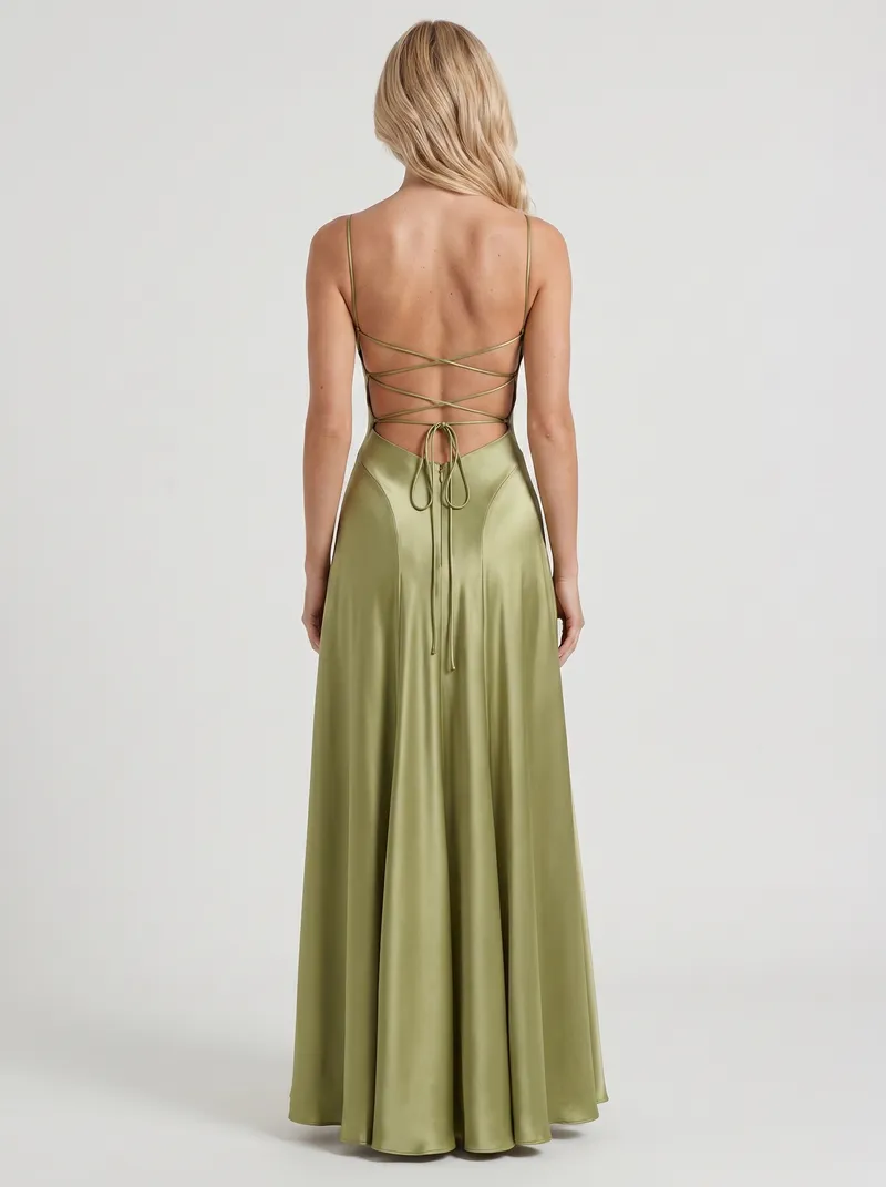 Eloise Cowl Neck Satin Maxi Dress - Light Olive