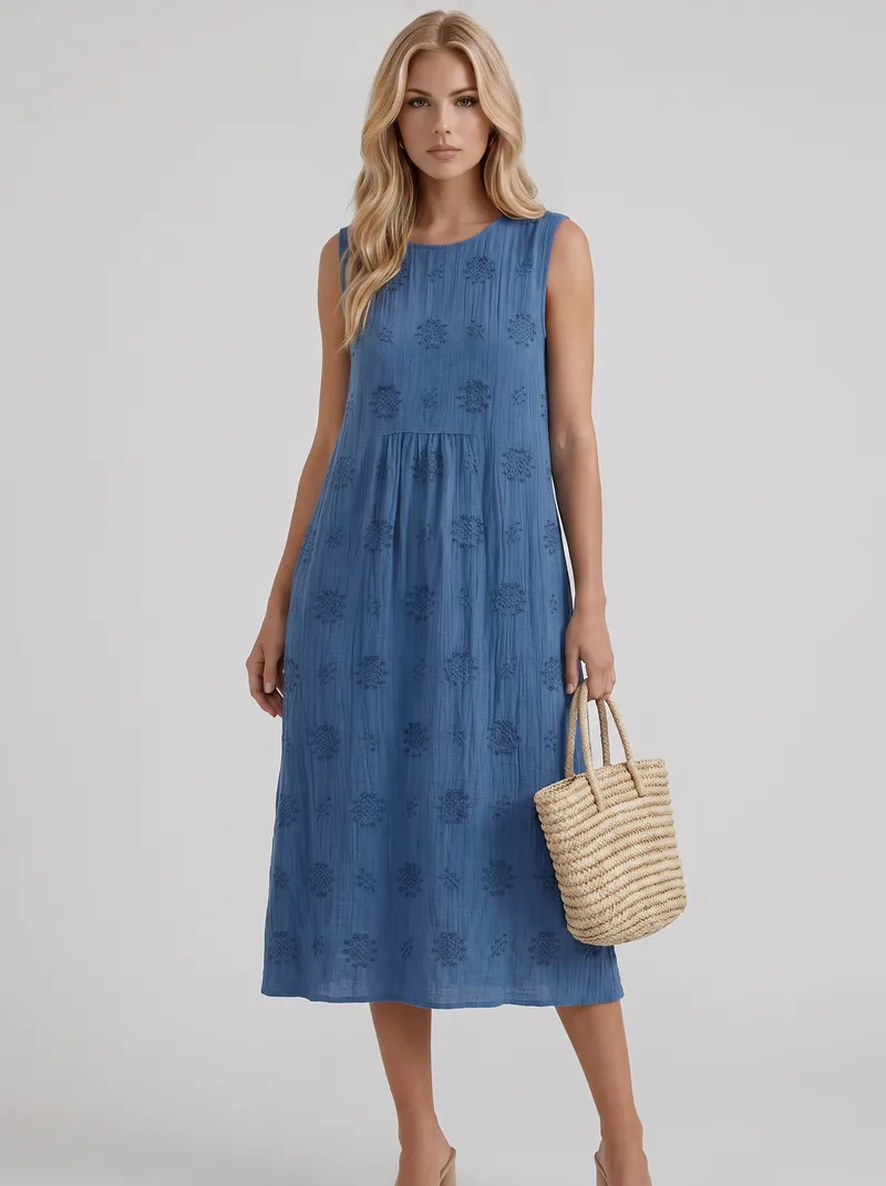 Elin Embroidered Midi Dress - Blue