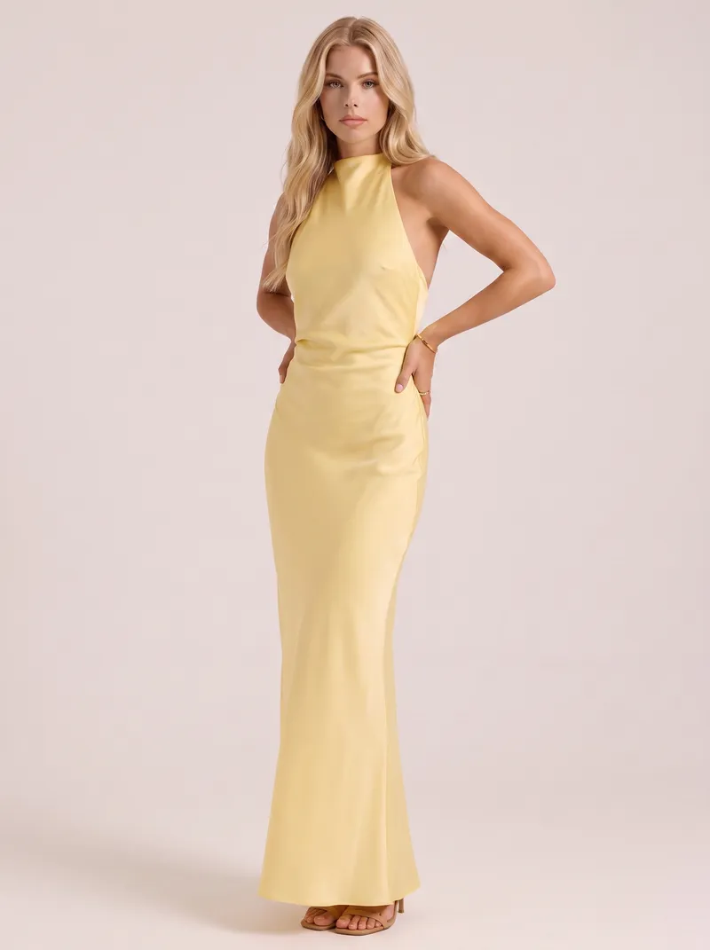 Rosanne Satin Maxi Dress - Lemon