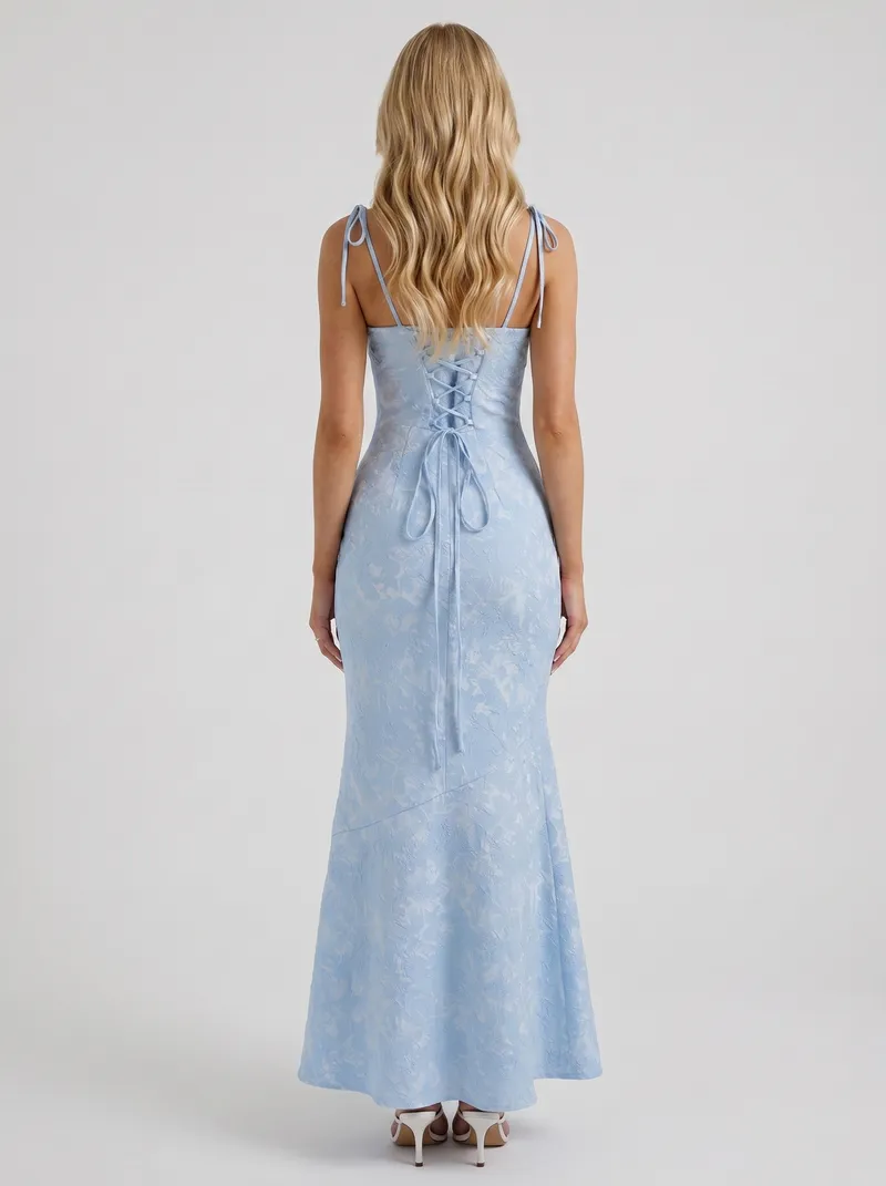 Aria Cowl Neck Textured Satin Bodycon Maxi Dress - Blue