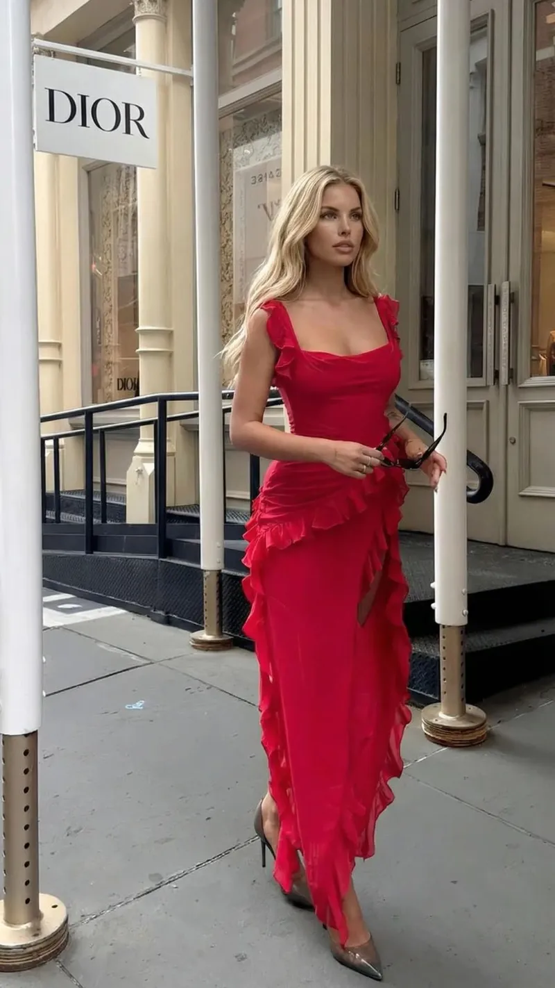 Scarlet Ruffle Maxi Dress - Red
