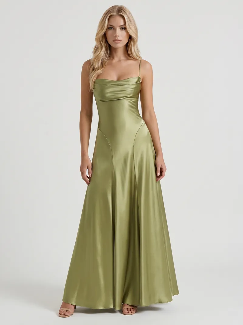 Eloise Cowl Neck Satin Maxi Dress - Light Olive