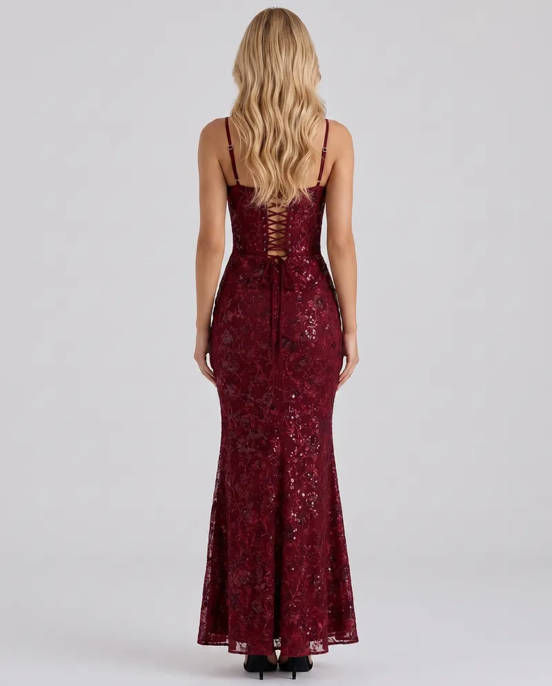 Naima Floral Lace Corset Maxi Dress - Burgundy