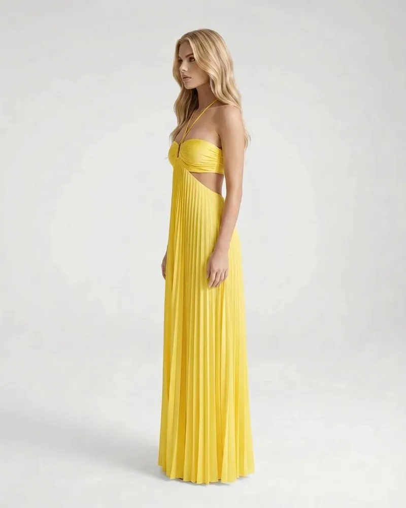 Aurora Pleated Cutout Maxi Dress - Yellow