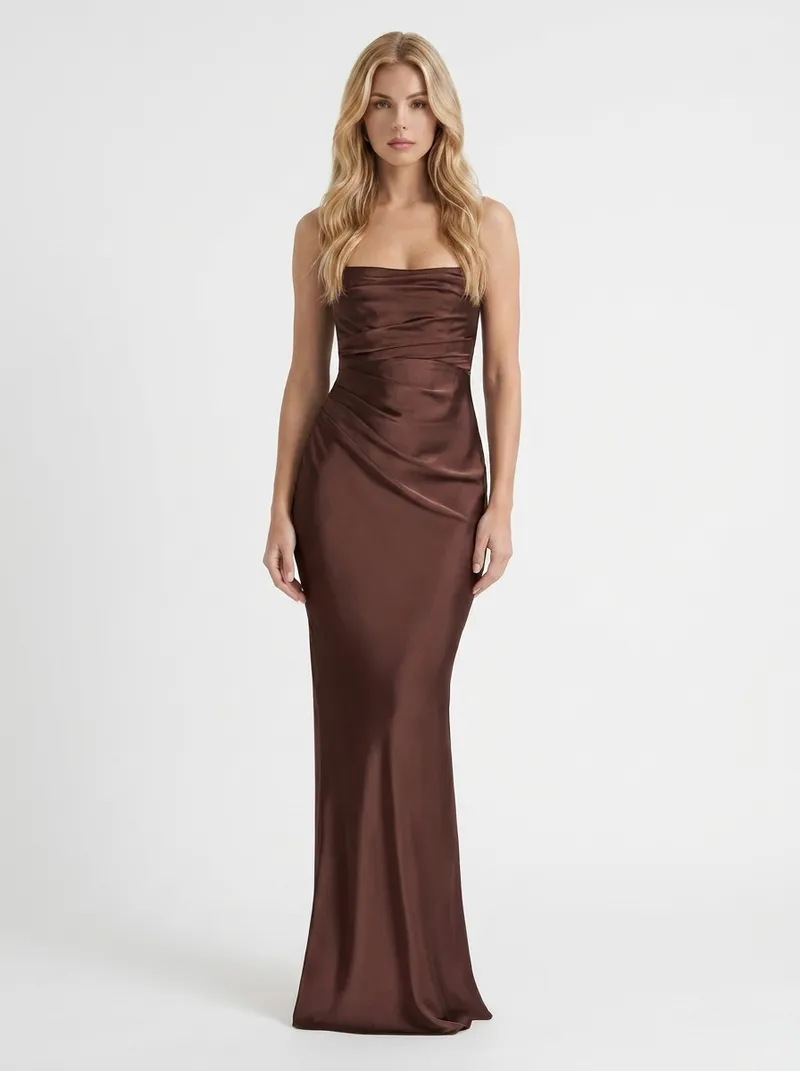 Elara Satin Ruched Strapless Maxi Dress - Brown