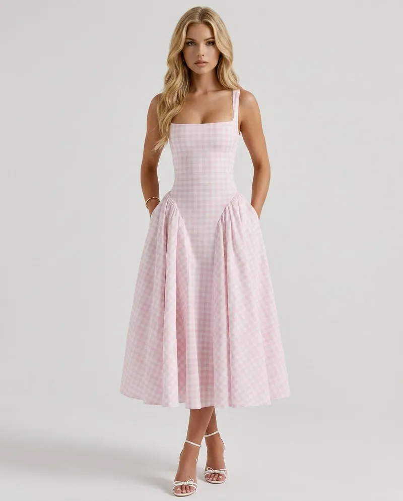 Sherrie Gingham Midi Dress - Blush