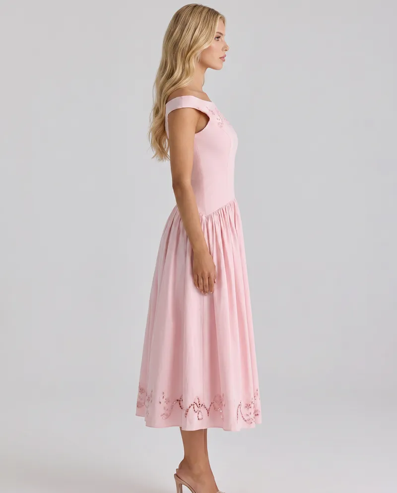 Delfina Boat Neck Eyelet Midi Dress - Pink