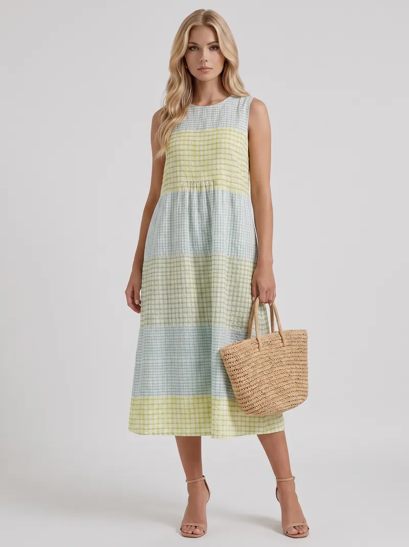 Elara Printed Midi Dress - Yellow Gingham