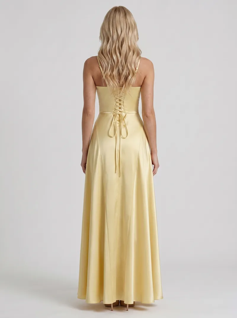 Adelaide V Neck Satin A Line Maxi Dress - Lemon