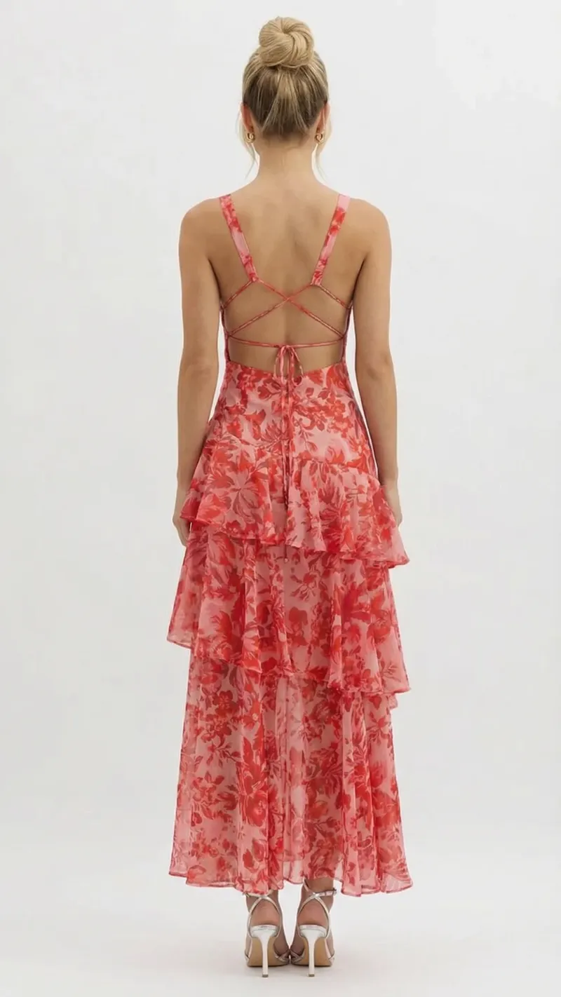 Penelope Ruffle Maxi Dress - Red