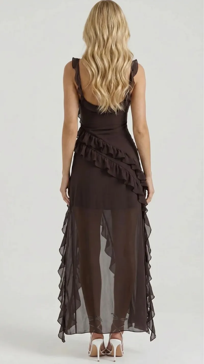 Scarlet Ruffle Maxi Dress - Brown