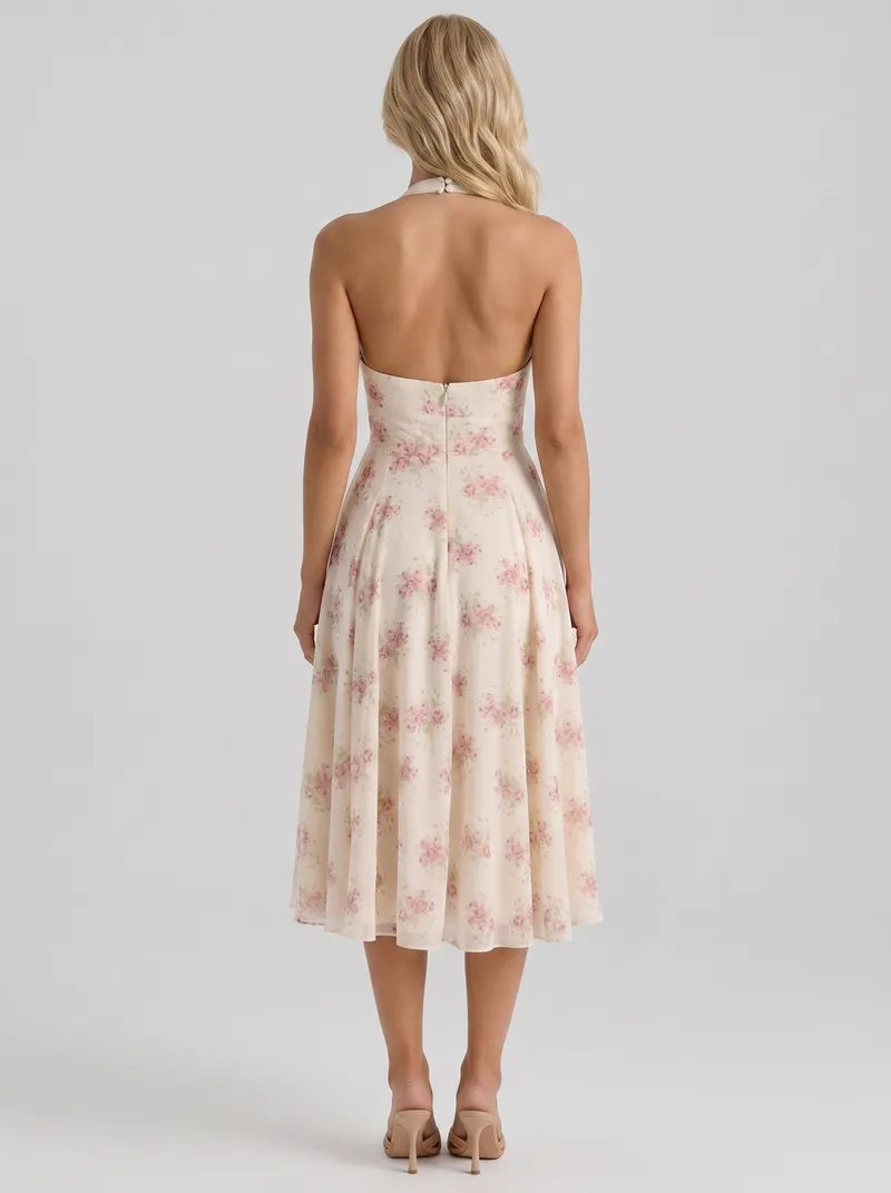Camelia Halter Neck Georgette Midi Dress - Cream Floral