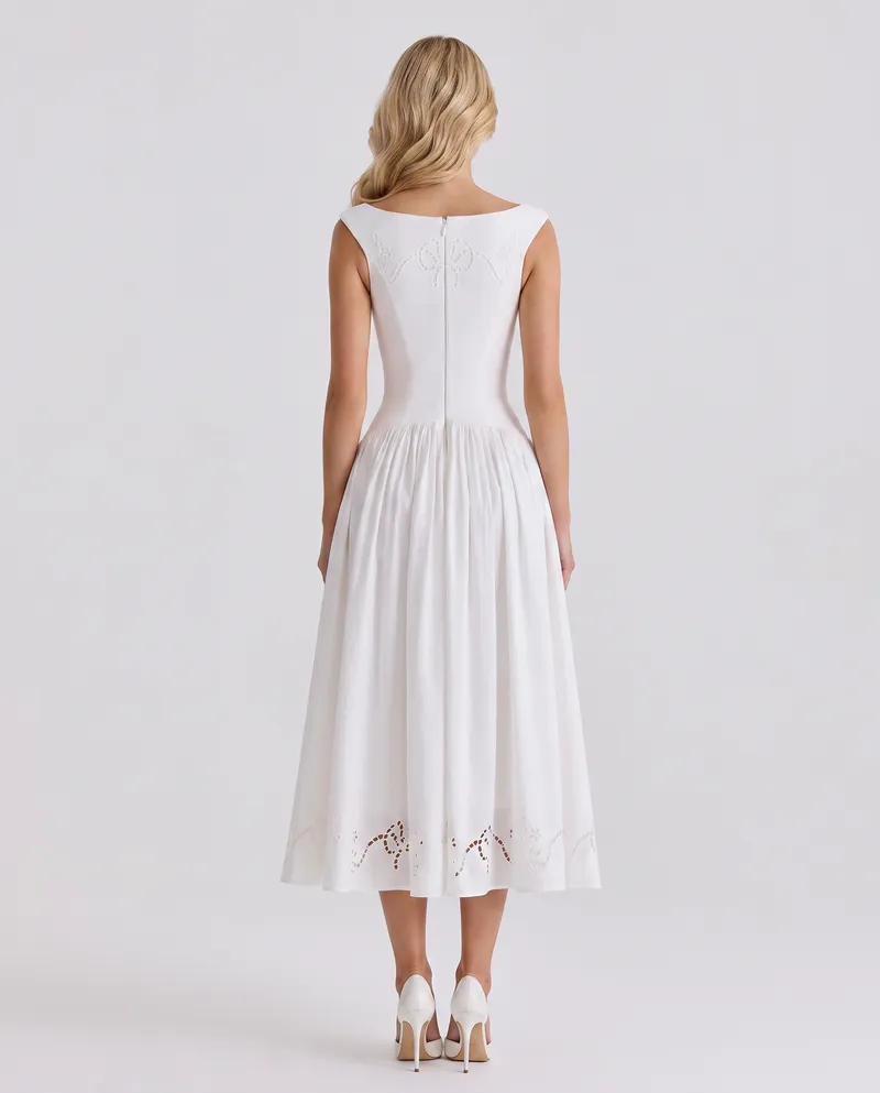 Delfina Boat Neck Eyelet Midi Dress - White