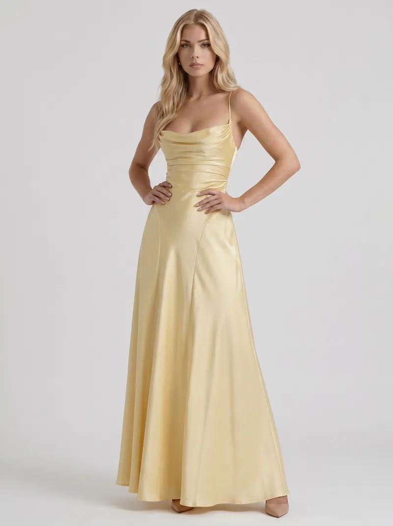 Eloise Cowl Neck Satin Maxi Dress - Lemon
