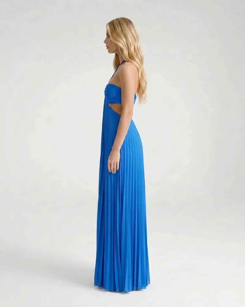 Aurora Pleated Cutout Maxi Dress - Blue