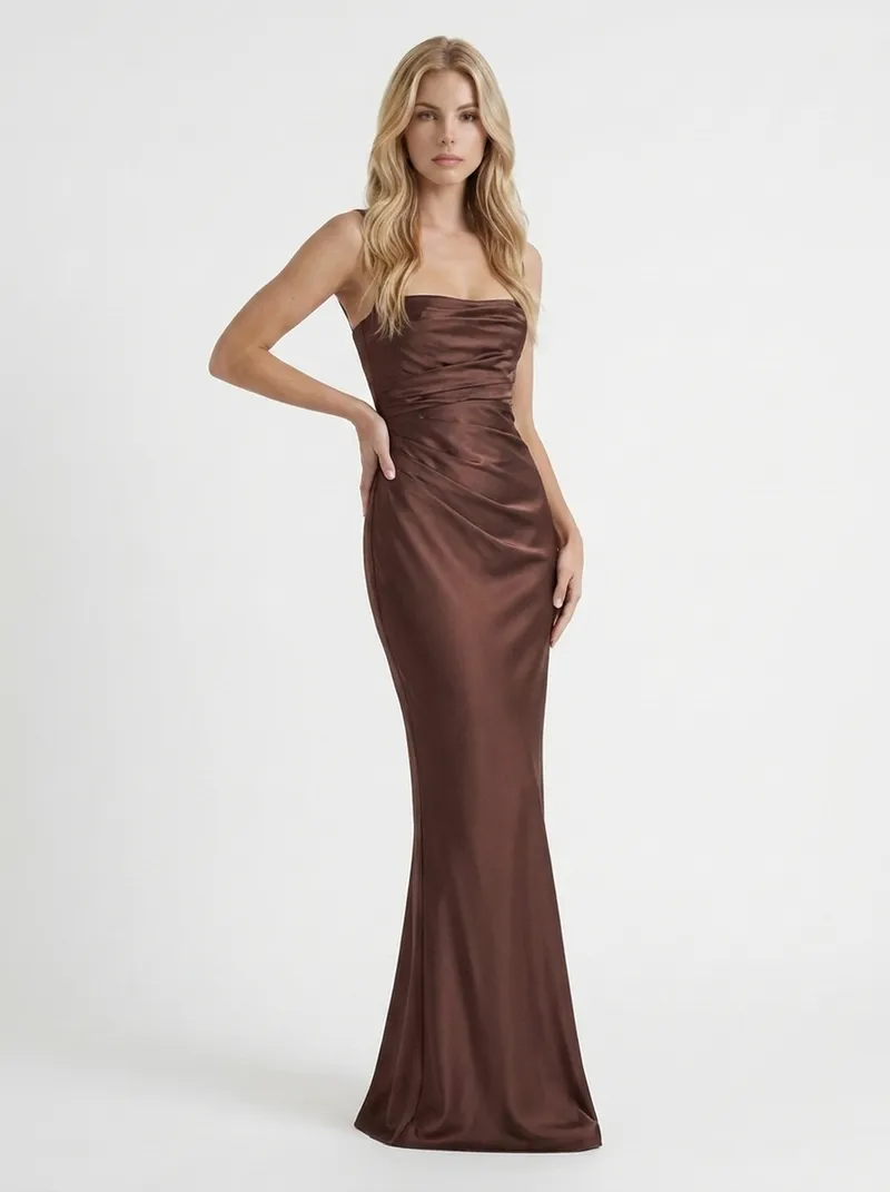 Elara Satin Ruched Strapless Maxi Dress - Brown