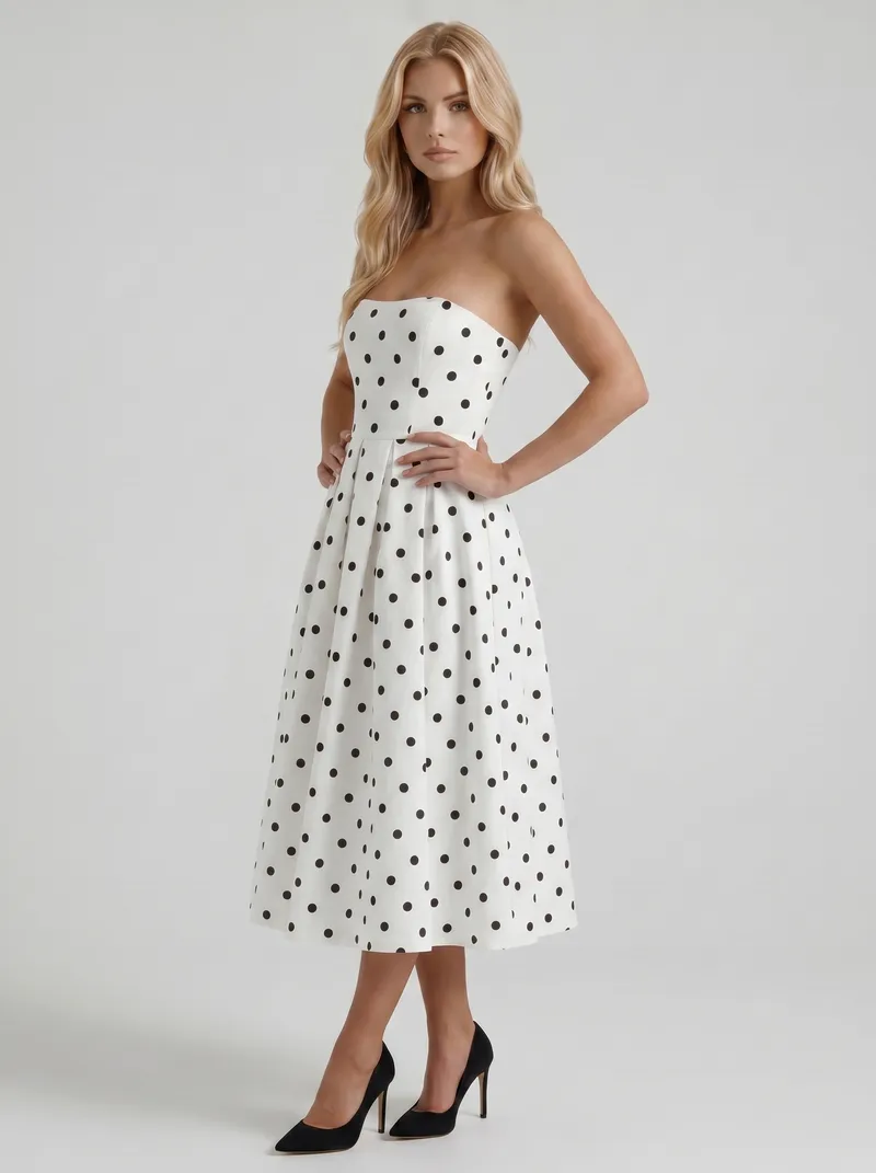Audrey Strapless Pleated A Line Midi Dress - Black Polka Dot
