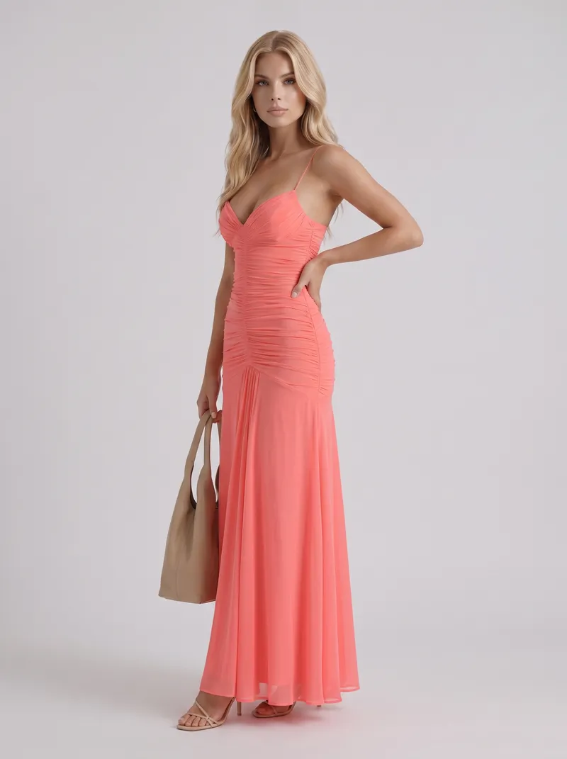 Delilah Mesh Maxi Dress - Coral