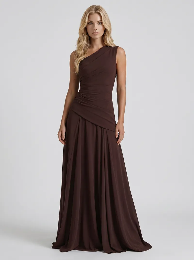 Delphine One Shoulder Ruched Mesh Maxi Dress - Plum Brown